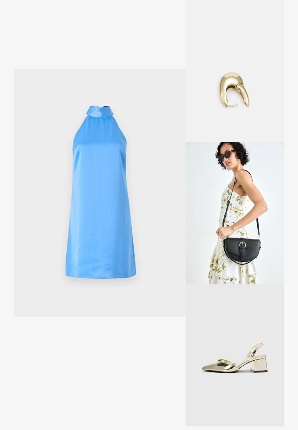 Brezrokavni, svetlo moder halterski oblek, izdelan iz gladkega materiala, ki ima visok ovratnik in stranske razpoke za enostavno gibanje.; Zlati, kovinski slingback čeveljci z ostrim nosom in masivnim peto. Gladka tekstura, minimalistična zasnova in ozka zanka.; Črna usnjena torbica s ukrivljeno obliko, z odstranljivo naramnico in zlatimi dodatki. Torbica ima pokrov s podrobnostmi v obliki zaponke.; Uhane nakit iz zlatastega tona z gladko, ukrivljeno zasnovo. Ima edinstveno koničasto obliko, polirano površino in zaponko s tečajem.