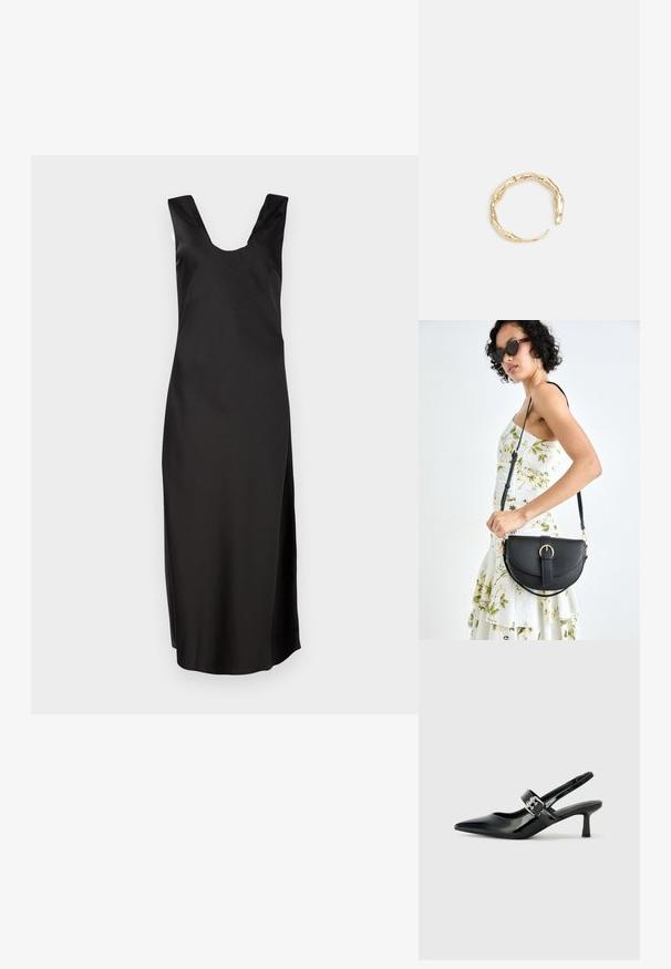 Crna haljina bez rukava s dubokim V-izrezom, izrađena od glatke tkanine. Ima uski kroj i seže do koljena bez uzoraka.; Crne lakirane slingback potpetice s oštrim prstom i malom blok petom, s naglaskom na srebrnoj kopči na remenu.; Crna kožna torba s lukovitim oblikom, odvojivim remenom i zlatnim detaljima. Torba ima preklop s kopčom.; Prsten u zlatnoj nijansi s organskim, uvijenim dizajnom, glatkom teksturom i suženim krajevima, koji stvara moderan, skulpturalni izgled.