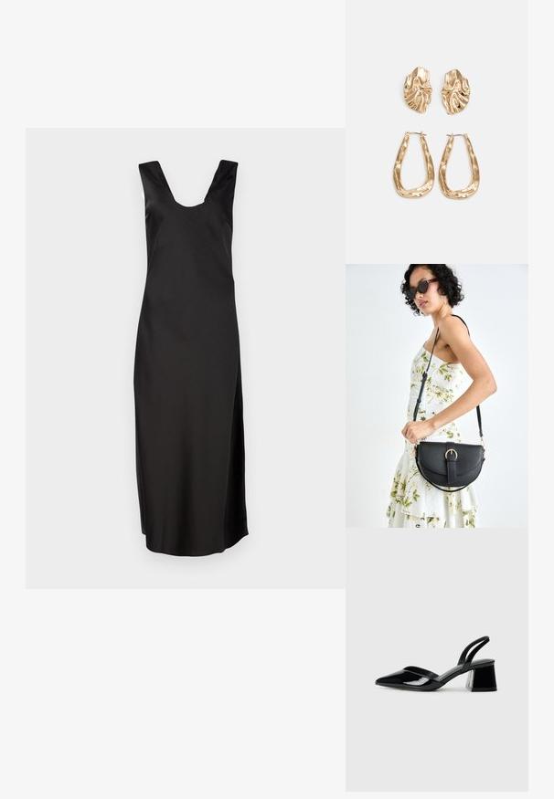 Melnas bez piedurknēm kleita ar dziļu V veida kakla izgriezumu, izgatavota no gludas auduma. Tai ir pieguļošs siluets un tā beidzas līdz ceļiem bez ornamentiem.; Melna lakota āda ar atvērto papēdi, ar smailu purngalu un ģeometrisku blokpapēdi. Iezīmējas elegants, minimāls dizains un gluda tekstūra.; Melnas ādas rokassoma ar izliekta formu, noņemamu siksnu un zelta aksesuāriem. Somai ir vāciņš ar sprādzes detaļu.; Zelta krāsas auskari ar teksturētām, viļņotām formām. Iekļauts skulpturāls piespraužams modelis un atvērta gredzenveida konstrukcija ar izsistām virsmām.