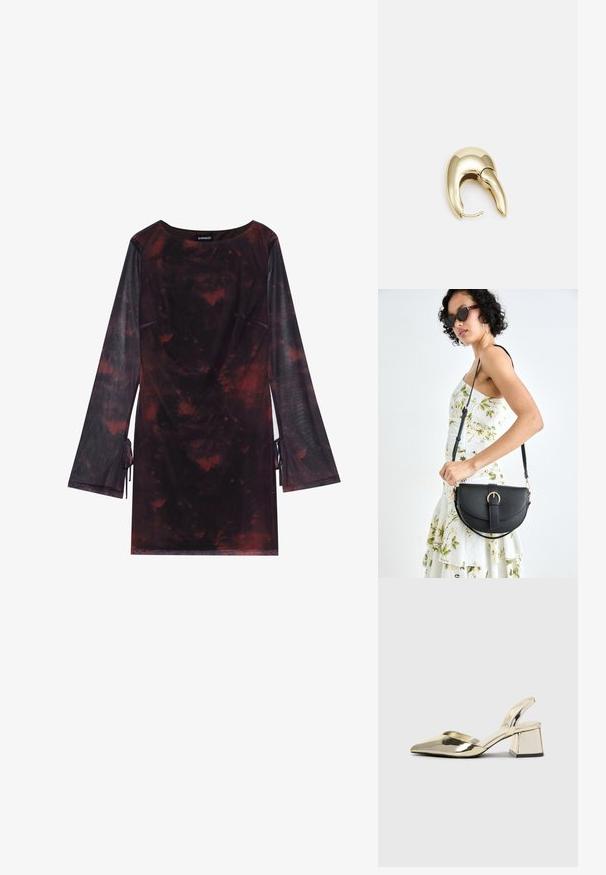 Even&Odd - Sukienka letnia; Złote, metaliczne szpilki z boku z wydłużonym noskiem i grubym obcasem. Gładka faktura, minimalistyczny design i wąski pasek.; Czarna skórzana torebka o zakrzywionym kształcie, z odpinanym paskiem i złotymi akcentami. Torebka posiada klapę z zapięciem w kształcie klamry.; Złote metalowe kolczyki o eleganckim, zakrzywionym kształcie. Posiadają charakterystyczny szpiczasty kształt, polerowaną powierzchnię oraz zapięcie na zawias.