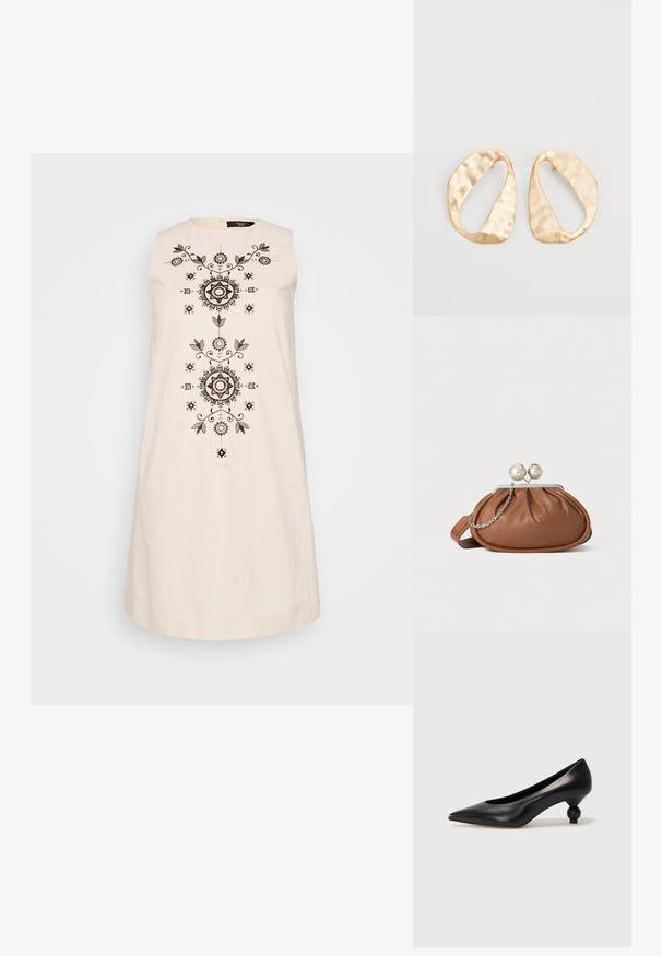Vestido sin mangas en color crema con intrincados bordados en negro que presentan motivos florales y geométricos en el centro y un escote redondo.; Zapato de tacón alto de cuero negro con puntera afilada y un tacón redondeado y abombado. Textura suave con un diseño elegante y minimalista.; Bolso de mano de cuero marrón con cierre de bola plateada y un pequeño detalle de cadena plateada sobre un fondo blanco.; Un par de pendientes de metal dorado en forma de óvalo irregular con una superficie texturizada y ligeramente martillada sobre un fondo blanco.
