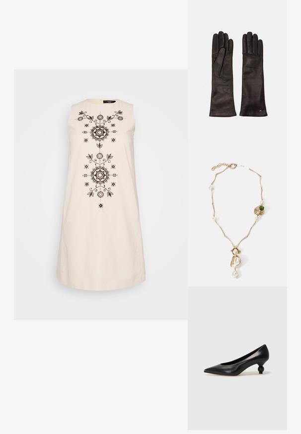 Sleeveless cream dress featuring intricate black embroidery with floral and geometric motifs down the center and a round neckline.; Black leather high heel shoe with a pointed toe and a round, balled heel. Smooth texture with a sleek, minimal design.; Weekend Max Mara SENAPE - Gloves - nero; Gold-tone necklace with twisted links, white pearls, and a green stone accent. Features intricate details and a clasp for fastening.