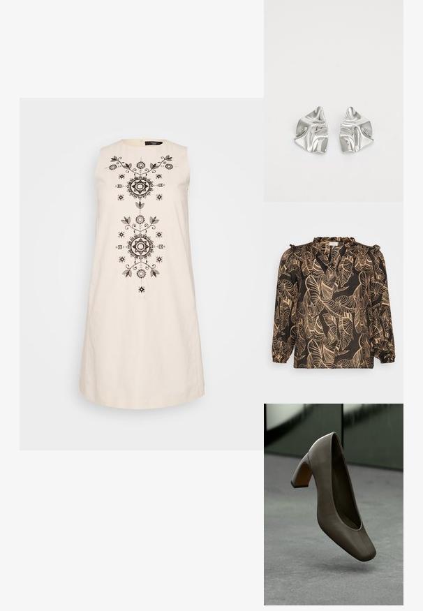 Bež haljina bez rukava s složenim crnim vezom s cvjetnim i geometrijskim motivima niz sredinu i okruglim izrezom.; Crna bluzica s uzorkom lišća u bež boji. Ima duge rukave, volane na izrezu i slobodni kroj. Napravljena od lagane tkanine.; Tamno maslinasto zeleni kožni cipela na visokoj peti sa četvrtastim vrhom i blok petom, lebdi iznad sivo-betonskog poda s izmaglicom u pozadini.; Srebrne metalne naušnice s valovitim, skulpturalnim dizajnom, naglašenim sjajnom završnom obradom i nepravilnim oblicima, što ističe suvremeni estetski izraz.