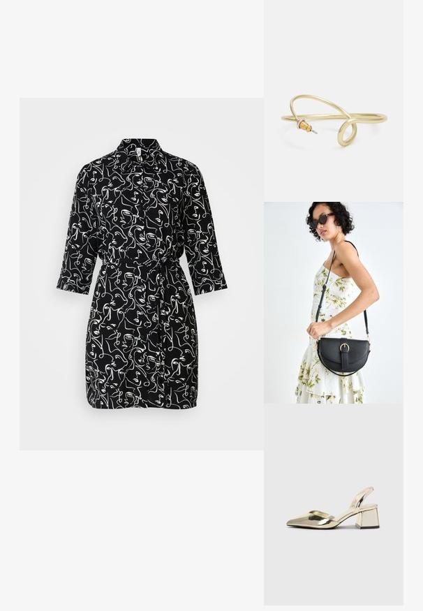 Czarna sukienka z białymi abstrakcyjnymi wzorami twarzy, z kołnierzykiem zapinanym na guziki, trzyczwarte rękawy oraz dopasowana talia z pasującym paskiem.; Złote, metaliczne szpilki z boku z wydłużonym noskiem i grubym obcasem. Gładka faktura, minimalistyczny design i wąski pasek.; Czarna skórzana torebka o zakrzywionym kształcie, z odpinanym paskiem i złotymi akcentami. Torebka posiada klapę z zapięciem w kształcie klamry.; Złota metalowa bransoletka o płynnej, zakrzywionej formie. Ma mały, wyraźny, srebrny akcent na jednym końcu.