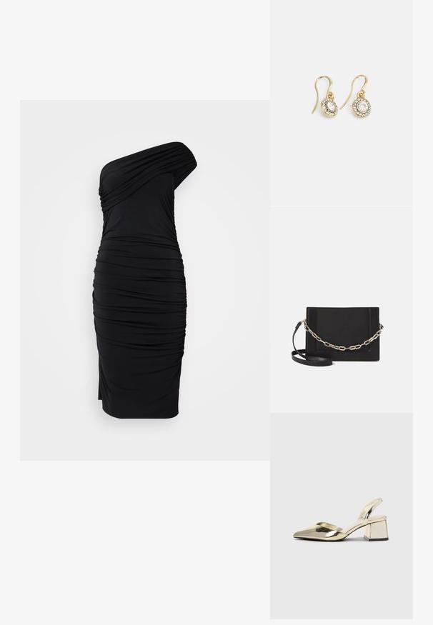 DAY Birger et Mikkelsen DELILAH DAY WISH - Džersejové šaty - black; Zlaté kovové lodičky na podpätku so špicatou špičkou a robustným podpätkom. Hladký povrch, minimalistický dizajn a úzka remienok.; Čierna kožená crossbody taška s hladkou textúrou, obdĺžnikovým tvarom a kovovým reťazovým detailom na prednej strane. Súčasťou je nastaviteľný popruh.; Náušnice zlatého odtieňa s oválnymi čírymi kryštáli obklopenými menšími čírými kameňmi, s háčikovým dizajnom pre bezpečné nosenie.