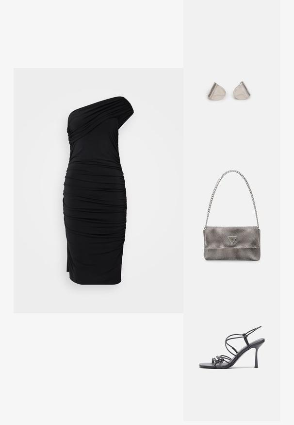 DAY Birger et Mikkelsen DELILAH DAY WISH - Džersejové šaty - black; Čierne sandále na vysokom podpätku majú tenké remienky s uzlovým dizajnom, hladký štvorcový špičku a elegantný stiletto podpätok.; Svetlošedá metalická kabelka s reťazovým popruhom, ozdobená malými kruhovými kovovými štítkami a trojuholníkovým logom značky.; Strieborné kovové náušnice s hladkým tvarom kvapky a lesklým povrchom. Jemné rytiny pridávajú detail. Minimalistický dizajn.