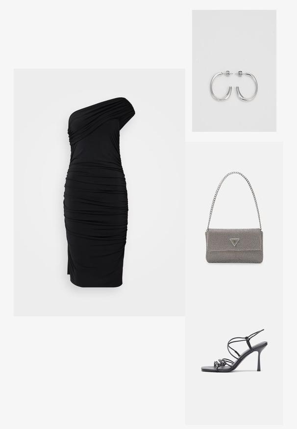 DAY Birger et Mikkelsen DELILAH DAY WISH - Dzsörzéruha - black; Fekete magas sarkú szandálok vékony pántokkal, csomózott mintával, sima négyzetes orral és karcsú stiletto sarkal rendelkeznek.; Világosszürke fémes kézitáska lánc pánttal, kis kör alakú fém kifinomult díszítéssel és háromszög alakú márkagéppel.; Ezüst karika fülbevalók sima, fényes felülettel. Lekerekített forma, könnyű kialakítással, tűs zárómechanizmussal.