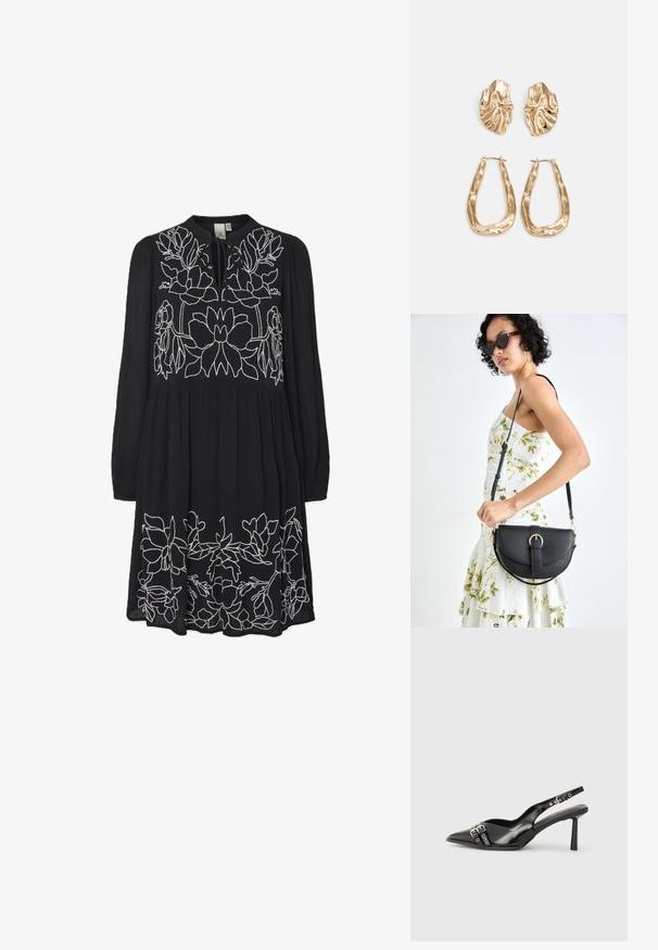 Rochie neagră cu mâneci lungi, decorată cu broderie florală albă pe bust și tiv. Țesătură texturată cu o croială confortabilă și decolteu tip cheie.; Pantofii slingback din piele lăcuită neagră, cu vârf ascuțit, bretele pentru gleznă cu catarame și accesorii din argint, și un toc subțire.; Geantă din piele neagră, cu o formă curbată, curea detașabilă și accesorii aurii. Geanta are un capac cu un detaliu tip cataramă.; Cercei aurii cu forme texturate și ondulate. Include studs sculpturale cu clip și un design de cerc deschis cu un finisaj cioplit.