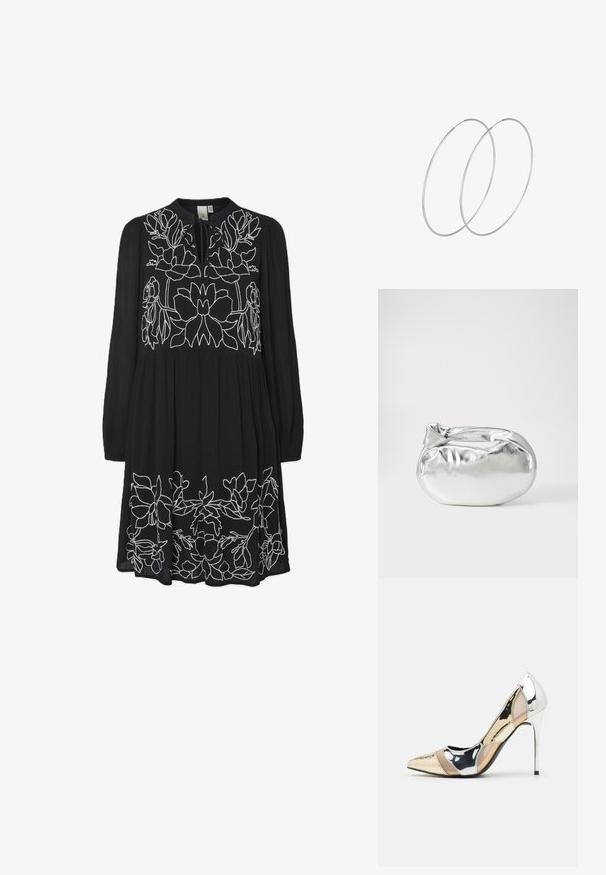 Črna obleka z dolgimi rokavi, ki ima belo cvetlično vezenje ob bodiču in robu. Teksturna tkanina z ohlapnim krojem in V-izrezom.; Čevlji z visoko peto in konico, v barvni kombinaciji srebrne, zlate in nude. Sijajna obdelava z izrezljanim dizajnom, z igličasto peto.; Srebrna kovinska torbica z mehko, zaobljeno obliko in zavezano zgornjo zaporo. Narejena iz gladkega umetnega usnja.; Srebrne uhane v obliki obroča z minimalističnim dizajnom. Krožna oblika, gladka tekstura in tanek profil. Lahki s poliranim zaključkom.