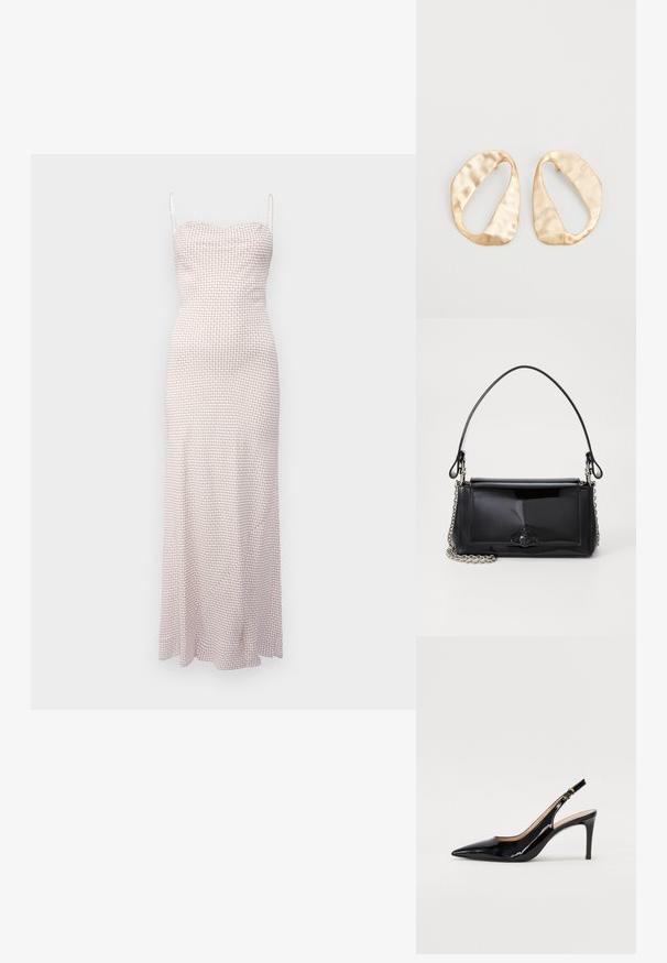 Robe longue et ajustée avec des fines bretelles et un motif texturé de petits cercles en rose et blanc. Tissu lisse et conçue à longueur de cheville.; Pompe slingback en cuir verni noir avec un bout pointu, un talon fin et un design de découpes subtil. Elle dispose d'une boucle dorée sur la sangle.; Sac à main en cuir verni noir de forme rectangulaire, avec une chaîne en bandoulière et un accent matériel distinctif au centre. Texture lisse.; Une paire de boucles d'oreilles en métal doré, de forme ovales irrégulières, avec une surface texturée et légèrement martelée sur fond blanc.