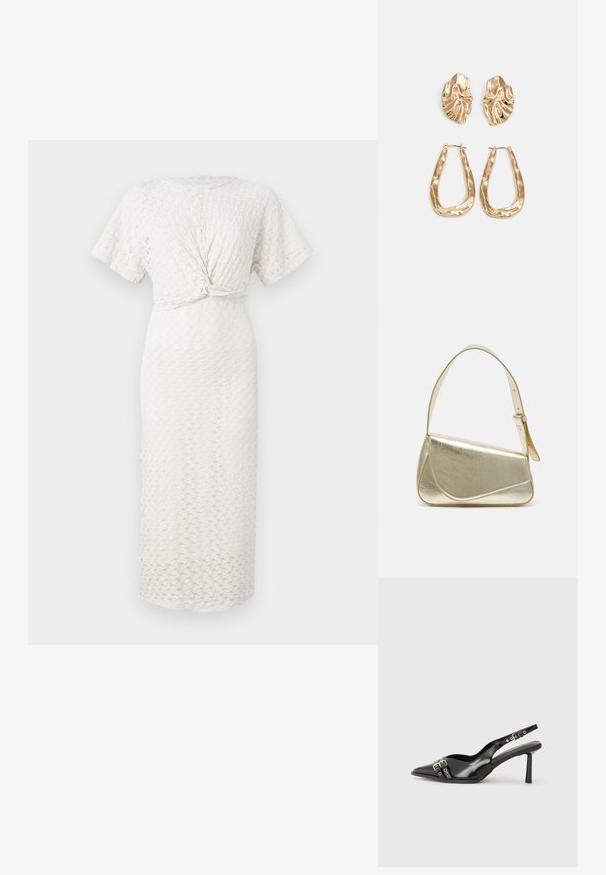 Pletena haljina boje krem s okruglim izrezom, kratkim rukavima i detaljem čvora u struku; uzorak sadrži teksturirane, uzdignute dizajne.; Crna lakirana slingback cipela s izduženim vrhom, remenčićima oko gležnja s srebrnim kopčama i dijelovima, te vitkim potplatom.; Zlatna metalna torba s uređenim dizajnom, glatkom teksturom i podesivim remenom. Ima jedinstven trokutasti oblik i minimalističko šivanje.; Naušnice zlatne boje s teksturiranim, valovitim oblicima. Uključuju skulpturalne kopče i dizajn otvorene kružnice s kovanom završnom obradom.