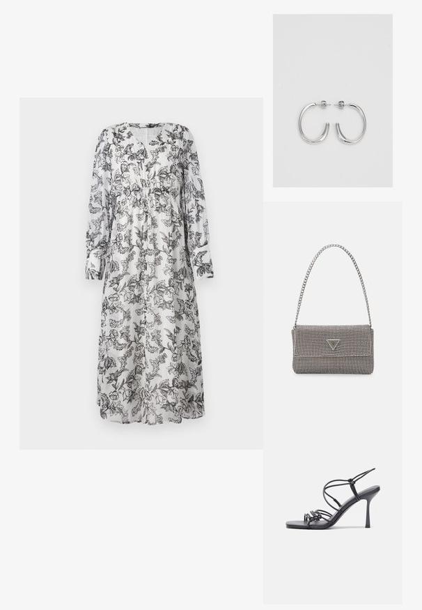 Plūstoša, garām piedurknēm, kleita no caurspīdīga auduma ar melnu ziedu rakstu uz baltā fona, ar V-veida kakla izgriezumu un savilktu jostas vietu.; Melnas augstpapēžu sandales ar plāniem siksniņām un mezgla dizainu, gluda kvadrātveida purngalu un elegantu stiletto papēdi.; Gaiši pelēka metāla rokassoma ar ķēdes siksnu, rotāta ar mazām apaļām metāla kniedēm un trīsstūra zīmola logo.; Sudraba riņķveida auskari ar gludu, spīdīgu apdari. Apaļas formas, viegla dizaina, ar aizdari uz stieples.