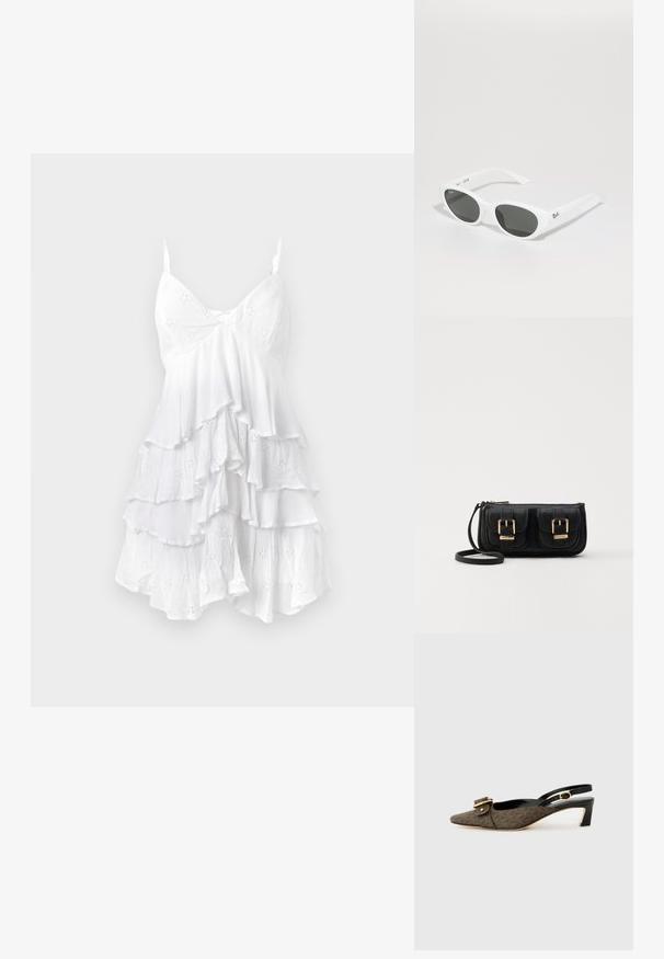 Balta suknelė be rankovių su plišais sluoksniais, pagaminta iš lengvos medžiagos su skylutėmis ir subtilia tekstūra. V-kaklo dizainas.; Slingback kulniams su smailiu pirštu, rudos raštuotos medžiagos, auksine sagtimi, juodu odiniu diržu ir trumpu blokiniu kulnu.; Baltos akiniai nuo saulės su apvaliais rėmeliais ir tamsiais lęšiais. Pasižymi lygaus plastiko tekstūra ir mažu logotipu ant šventyklos.; Juodas odinis per petį nešiojamas krepšys su dviem priekiniais kišenėmis, auksiniais sagtimis, užtrauktuko uždarymu ir siauromis petnešomis. Textūruota paviršius ir kompaktiškas stačiakampis formatas.