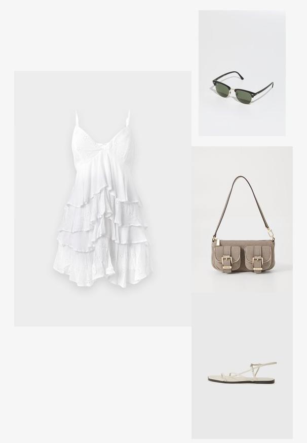 Balts bezpiedurkņu kleita ar viļņotiem slāņiem, izgatavota no gaisīga auduma, kas rotāta ar acs rakstiem un smalku tekstūru. V veida izgriezums.; Bežīgas plakanas čības ar vairākiem plāniem siksniņām un regulējamu sprādzi. Zole ir plakana ar nelielu tumšu kontrastu malā.; Melnas un zelta saulessargi ar zaļiem stikliem, ar kaķa acs formu, metāliskiem akcentiem un teksturētu rāmi.; Bežs teksturēts roku soma ar regulējamu siksnu, divas priekšējās kabatas, kas aizveras ar sprādzēm, un zelta aksesuāriem. Augšā ar rāvējslēdzēja aizdari.