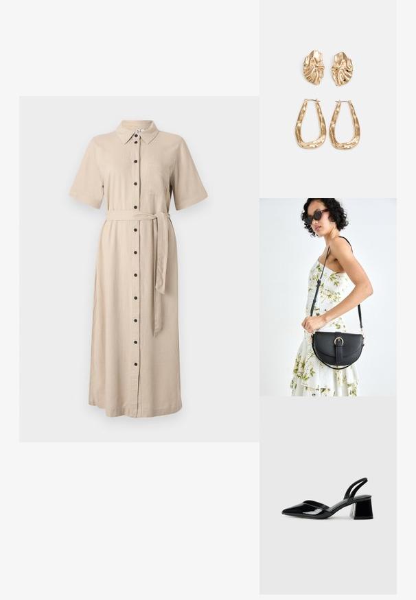 Beige, gombos midi ruha rövid ujjal, gallérral, mellzsebbel és azonos anyagú övvel. Sima, pamutszerű textúra.; Fekete lakk bőr szandálkés magas sarkú cipő, hegyes orral és geometrikus tömbsarkakkal. Karcsú, minimalista dizájn és sima textúra jellemzi.; Fekete bőrtáska ívelt formával, levehető pánttal és arany színű fémrészekkel. A táskán egy csattal díszített fedél található.; Aranyszínű fülbevalók, texturált, hullámos formákkal. Tartalmazza a szobrászati klipszes studokat és az open hoop kialakítást, kalapácsos felülettel.