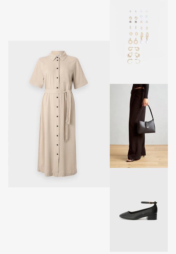 Bēšas krāsas kleita midi garumā ar pogām, īsām piedurknēm, apkakli, krūšu kabatu un atbilstošu auduma jostu. Gluda kokvilnai līdzīga tekstūra.; Melnas ādas sūkņi ar smailu purngalu un zemu bloku papēdi. Iezīmēts ar potītes siksniņu ar zelta krāsas sprādzi. Gluda tekstūra.; Melnā somiņa ar strukturētu formu, gludu tekstūru un metālu sprādzi. Saskaņota ar platām melnām biksēm un sandālēm ar atvērtu purngalu uz koka grīdas.; Zeltainā tonī auskari, kas iekļauj dažādus dizainus, tostarp pīrsingu, gredzenus un karājošus elementus ar pērlēm un rhinestones.