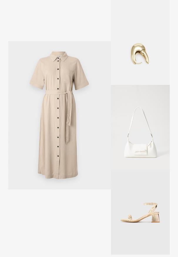 Beeži, nööbitav midi kleit lühikeste käistega, krae, rinna tasku ja sobiva kangast vööga. Sile, puuvillane tekstuur.; Kuldmetalliline kontsaga sandaal, millel on nurkadega plokk-konts, kaks riba jala peal ja reguleeritav pahkluu rihm. Sujuv tekstuur.; Valge sünteetilisest materjalist kott kolmnurkse kujuga, lame esiklapiga ja kaaredetailiga, reguleeritava rihmaga, sileda tekstuuriga ja minimalistliku disainiga.; Kuldtooni metallist kõrvarõngas, millel on elegantne ja kaarjas disain. Omab silmapaistvat teravat kuju, poleeritud pinda ja hingesulgemist.