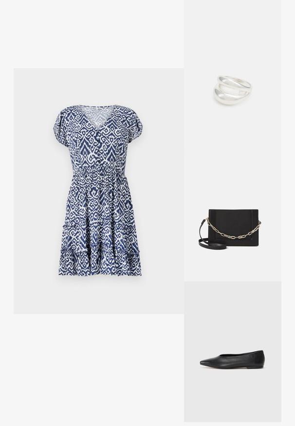 Sininen ja valkoinen kuviol dressi, jossa on V-pääntie, lyhyet puffihihat, joustava vyötärö ja kerroksellinen röyhelöhelma. Valmistettu kevyestä kankaasta.; Musta nahkainen ballerinatyyppinen kenkä, terävä kärki, minimalinen muotoilu, sileä pinta, matala korko, ei näkyvää metalliosaa tai koristeita.; Musta nahkainen olkalaukku, jossa on sileä pinta, suorakulmainen muoto ja metalliketju yksityiskohtana edessä. Mukana säädettävä hihna.; Hopeinen kaksinkertainen rengas, jossa on sileä, kiillotettu pinta. Siinä on sulava, kaareva muotoilu, jossa on päällekkäisiä osia modernin ilmeen saavuttamiseksi.