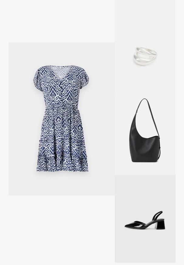 Haljina plave i bijele boje s uzorkom, koja ima V-izrez, kratke napuhane rukave, elastičnu struk i višeslojni volanasti rub. Izrađena je od lagane tkanine.; Crne lakirane kožne sandale s otvorenom petom i špicastim vrhom, s geometrijskom blok petom. Imaju elegantan, minimalistički dizajn i glatku teksturu.; Crna kožna hobo torba s glatkom teksturom, zakrivljenim oblikom i jednom podesivom trakicom; ima širok otvor na vrhu.; Srebrna dvostruka prsten s glatkom, poliranom površinom. Karakterizira ga fluidan, zakrivljen dizajn s preklapajućim sekcijama za moderan izgled.
