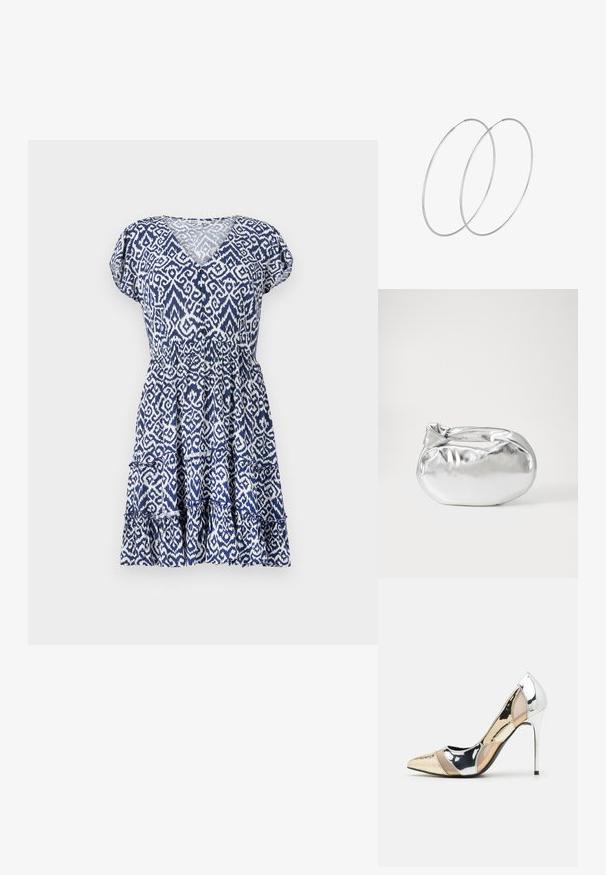 Haljina plave i bijele boje s uzorkom, koja ima V-izrez, kratke napuhane rukave, elastičnu struk i višeslojni volanasti rub. Izrađena je od lagane tkanine.; Cipele s visokom potpeticom i špicastim vrhom u srebrnoj, zlatnoj i nude boji. Sjajan finiš s izrezbarenim dizajnom, s potpeticom u obliku stiletto.; Srebrna metalik torbica s mekim, zaobljenim oblikom i čvorastim zatvaranjem na vrhu. Izrađena od glatke sintetičke kože.; Srebrne okrugle naušnice s minimalističkim dizajnom. Kružni oblik, glatka tekstura i tanak profil. Lagane s poliranim završetkom.