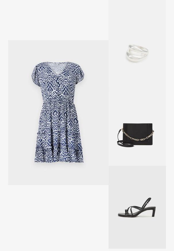 Modrá a biela šatka s vzorom, ktorá má výstrih do V, krátke puffové rukávy, elastický pás a tierované volánikové zakončenie. Vyrobená z ľahkého materiálu.; Čierne sandále na vysokom podpätku so štvorcovou špičkou a nízkym blokovým podpätkom. Obsahujú viacero tenkých popruhov a nastaviteľný členkový popruh. Vyrobené z hladkej kože.; Čierna kožená crossbody taška s hladkou textúrou, obdĺžnikovým tvarom a kovovým reťazovým detailom na prednej strane. Súčasťou je nastaviteľný popruh.; Strieborný prsteň s dvojitým pásikom s hladkým, lesklým povrchom. Má plynulý, zakrivený dizajn s prekryvajúcimi sa časťami pre moderný vzhľad.