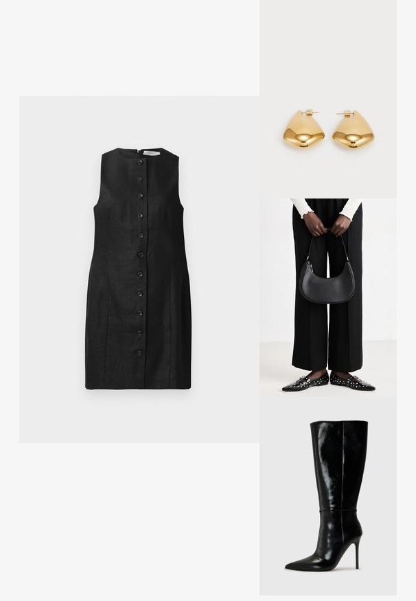 Černé bezrukávové šaty z lnu, s rovný střih, kulatým výstřihem a šesti předními knoflíky s hladkou texturou.; Černé kožené vysoké boty po kolena s špičatou špičkou a vysokým jehlovým podpatkem. Hladká textura a elegantní design, s minimálními detaily.; Černá kožená kabelka přes rameno s kulatým tvarem, lesklým povrchem a stříbrnými kovovými prvky. Osoba v černých širokých kalhotách a s ozdobenými mokasíny.; Náušnice z kovu ve zlatém tónu s hladkým, zaobleným trojúhelníkovým tvarem a designem na zadní upevnění; lesklý povrch s minimálními detaily.