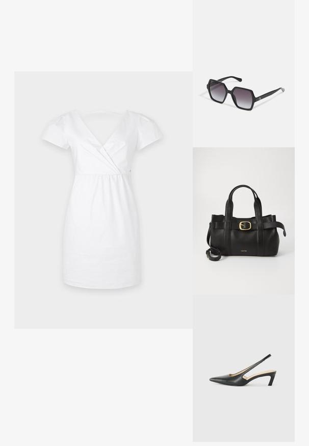 Bílé šaty z bavlny s krátkými nabíranými rukávy, hlubokým V výstřihem a nařaseným pasem. Hladký povrch, délka nad kolena a minimální detaily.; Černý špičatý slingback s nízkým podpatkem, vyrobený z hladké kůže, s výřezem na boku pro lepší prodyšnost.; Černé hexagonální sluneční brýle se stupňovitou čočkou, s lesklým povrchem a jemným logem na spánku. Odolná plastová konstrukce.; Černá kožená kabelka s upraveným designem, dvojitými vrchními madly, pozlaceným přezkovým akcentem a vyraženým logem značky na přední straně.