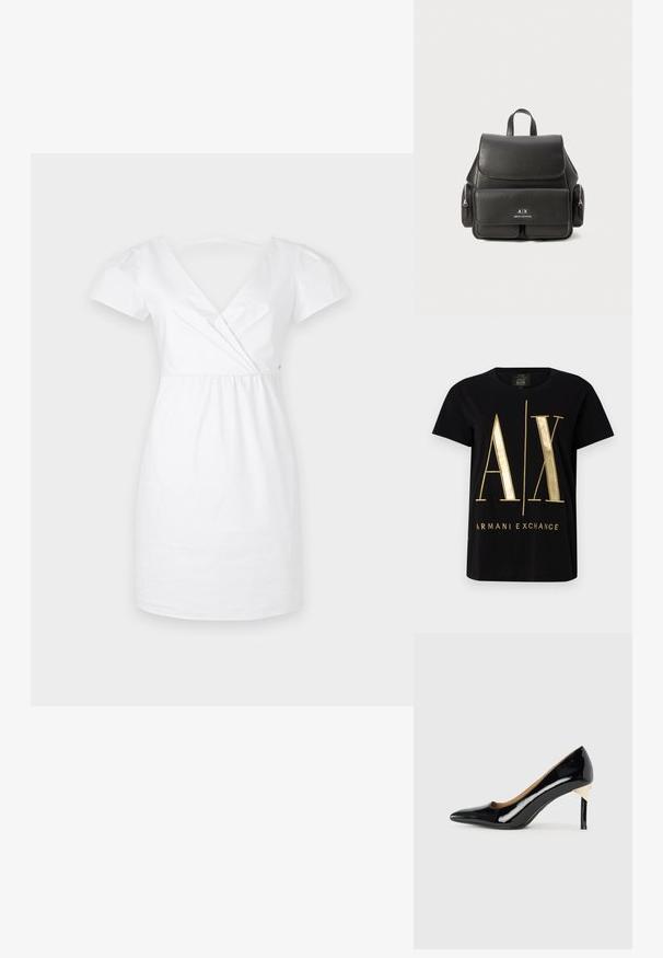 Rochie albă din bumbac, cu mâneci scurte tip puff, decolteu adânc în V și talie strânsă. Textură netedă, lungime deasupra genunchiului și detalii minime.; Tricou din bumbac negru cu logo-ul îndrăzneț „A/X” și textul „ARMANI EXCHANGE”, cu mâneci scurte, decolteu rotund, textură netedă.; Pantofii cu toc înalt din piele patent neagră, cu vârf ascuțit și design cu decupaje; prezintă un accent elegant din aur pe toc. Simpli și eleganți.; Rucsac din piele neagră, cu închidere cu clapetă, buzunar frontal, compartimente cu fermoar pe lateral și un mâner de sus. Prezentă detalii cu sigla în față.