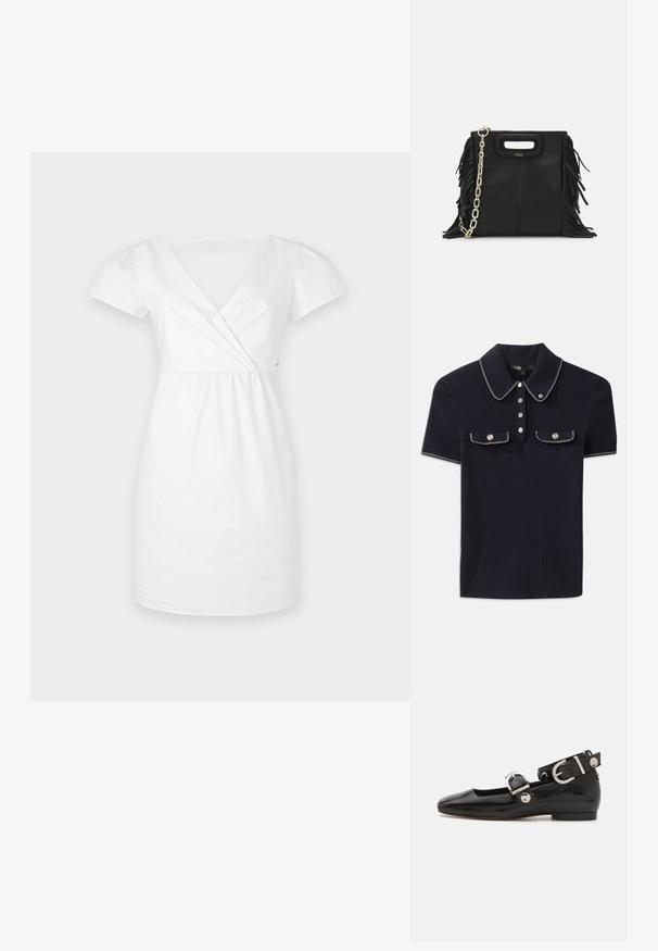Balta medvilninė suknelė su trumpomis pūstomis rankovėmis, gilia V formos iškirpte ir surinkta liemenimi. Lygus audinys, iki kelių ilgio ir minimalus dekoravimas.; Jūros mėlynos spalvos šonkaityta polo marškinėliai su smailiu apykakle, trumpomis rankovėmis ir dviem priekinėmis kišenėmis su šonu užsegamais mygtukais; išryškinti baltais siūlų akcentais.; Juodas lakinės odos plokščias batelis su kvadratiniu pirštu, kulkšnies dirželiu su sidabro detalėmis ir plokščiu padu. Sklandus paviršius su minimalistišku dizainu.; Juodas odinis rankų darbo rankinys su frinzuotomis detalėmis, auksine grandinės petneša ir išpjauto dizaino rankena. Pirmoje pusėje yra logotipo vieta.