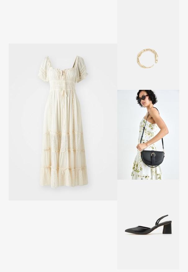 Cremefarbenes, gestuftes Maxikleid mit Puffärmeln, einem gerafften Oberteil, Spitzenakzenten und einer Kordel am Ausschnitt.; Schwarzer Slingback-Schuh mit spitzer Zehenpartie aus glattem Leder, ausgestattet mit einem niedrigen Blockabsatz und dünnen Riemen auf der Rückseite für einen sicheren Sitz.; Schwarze Lederhandtasche mit geschwungener Form, abnehmbarem Tragegurt und goldenen Beschlägen. Die Tasche verfügt über einen Deckel mit einer Schnallen-Details.; Goldfarbener Ring mit einem organischen, gedrehten Design, glatter Oberfläche und sich verjüngenden Enden, was ein modernes, skulpturales Erscheinungsbild erzeugt.