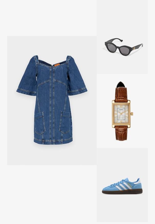 Rochie din denim cu mâneci scurte și late, decolteu în formă de V, închidere cu fermoar frontal și două buzunare aplicate. Prezintă stofă albastră și cusături vizibile.; Adidași din suede albastru deschis cu dungi de piele albă, talpă texturată maro și detalii cu logo auriu. Design low-top cu vârf rotunjit.; Ochelari de soare negri cu un design unghiular, în formă de ochi de pisică, cu lentile întunecate. Accente ale logo-ului aurit pe brățară. Ramă din plastic neted.; Ceas quartz Casio cu carcasă rectangulară de culoare aurie, față albă, marcaje aurii pentru ore și curea din piele maro cu model de crocodil. Rezistent la apă.