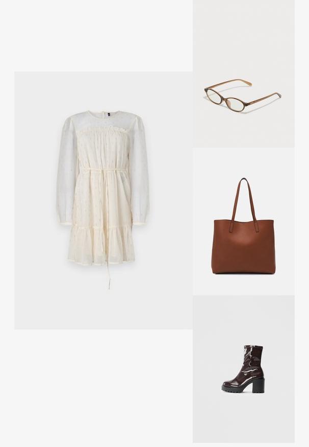 Krema krāsas kleita ar garām caurspīdīgām puff piedurknēm, savilkta krūšu daļa un slāņota svārku daļa. Iekļauj diskrētas sudraba akcentus un korsetes jostu.; Spīdīgas bordo potīšu botītes ar masīlu melnu papēdi, kurām ir gluda tekstūra un vienkāršs dizains. Nav redzamu aizdari vai rakstu.; Brūnas bruņurupuču čuguna brilles ar ovālām lēcām, plānām kājām un caurspīdīgām akcentiem. Uz tempļa ir smalka logo. Sleek, viegla konstrukcija.; Brūna ādas iepirkumu soma ar gludu tekstūru, atvērta augšdaļa un divas plecu siksnas. Izceļas ar minimālām šuvēm un redzamu aparatūru nav.