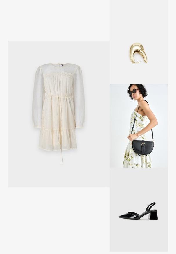 Rochie crem cu mâneci lungi din material transparent, cu volan, un corset strâns și o fustă în straturi. Are accente subtile de argint și un tiv cu șnur.; Pantofi cu toc slingback din piele lacuită neagră, cu vârf ascuțit și toc geometric. Prezintă un design elegant, minimalist și o textură netedă.; Geantă din piele neagră, cu o formă curbată, curea detașabilă și accesorii aurii. Geanta are un capac cu un detaliu tip cataramă.; Cercei din metal de culoare aurie cu un design elegant și curbat. Prezintă o formă distinctivă, ascuțită, o suprafață lustruită și un sistem de închidere cu balama.