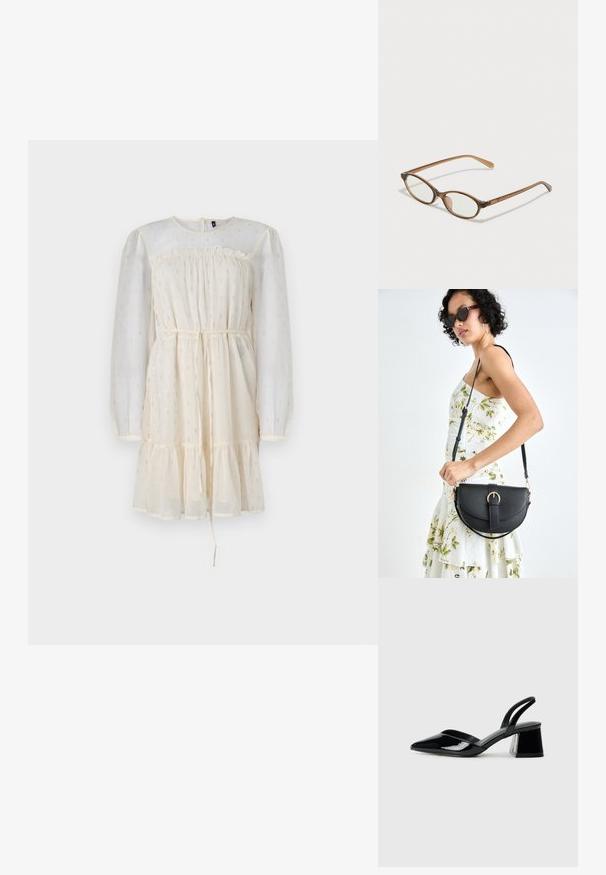 Vestido creme com mangas longas e transparentes em forma de puff, corpete franzido e saia em camadas. Apresenta discretos detalhes em prata e um cordão na cintura.; Sandy em verniz preto com salto slingback, ponta afilada e salto geométrico. Apresenta um design elegante e minimalista com textura suave.; Óculos tortoiseshell castanhos com lentes ovais, hastes finas e acabamentos transparentes. Apresenta um logótipo subtil na têmpora. Design elegante e leve.; Bolsa de couro preta com forma curva, alça destacável e detalhes em dourado. A bolsa possui uma aba com detalhe de fivela.
