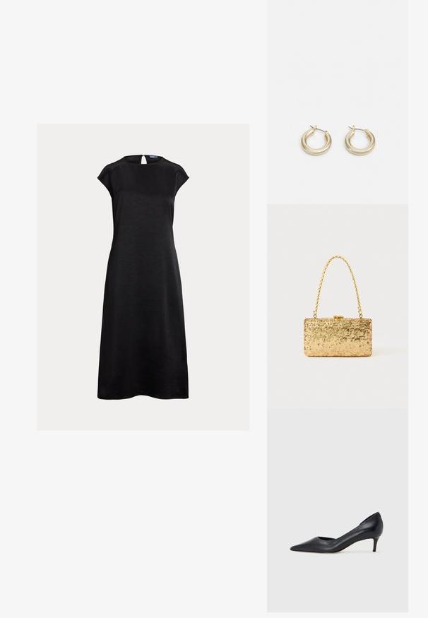 Vestido preto com decote barco, mangas curtas e abertura em formato de gota nas costas. Feito de tecido macio e liso com leve brilho.; Sapato de salto alto preto em pele com bico fino e salto baixo. Apresenta uma textura suave e brilho subtil. Corte aberto na parte da frente para um detalhe adicional.; Clutch dourada em lantejoulas com formato retangular, apresentando uma alça de corrente torcida e um fecho de metal, refletindo a luz com um acabamento texturizado.; Lauren Ralph Lauren BASIC SMALL HOOP - Brincos - gold-coloured