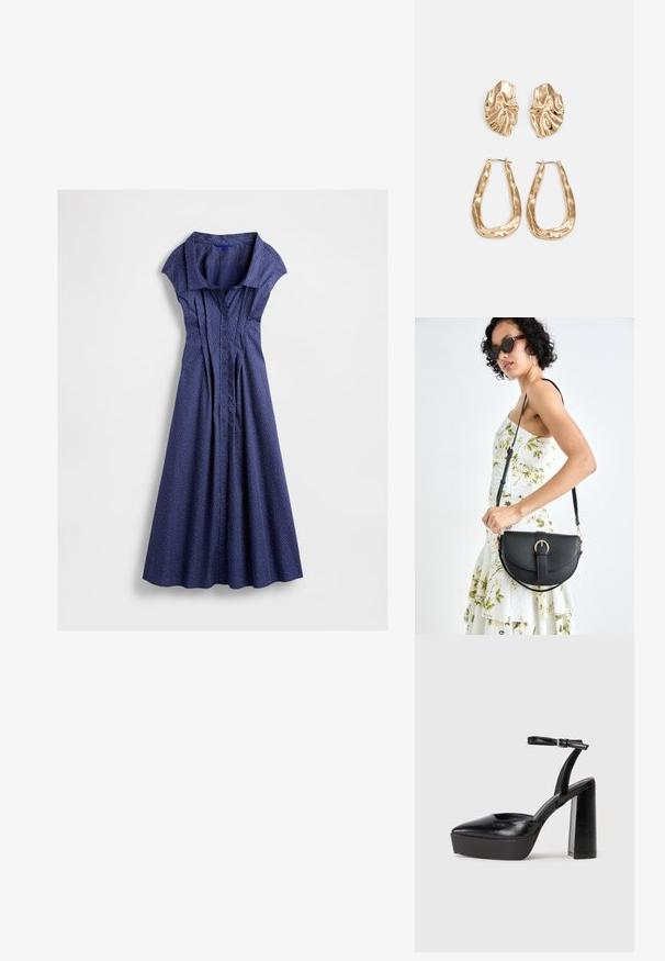 Tumedast sinise värvi nööbiga kleit lühikeste varrukatega, millel on pleeditud disain ja valged täpid, voogav seelik ja krae.; Mustad platvormi kontsad terava ninaga ja reguleeritava pahkluuraamiga. Valmistatud siledast nahast, funktsioneerib massiivse plokknäheeliga.; Mustmust mustraha kõverate joontega, eemaldatava rihmaga ja kuldsete detailidega. Kotil on klapp, millel on pandladetail.; Kuldse värvi kõrvarõngad, mis on kaunistatud tekstuursete ja laineliste kujunditega. Komplektis on skulpturaalsed klamber kõrvarõngad ja avatud rõngasdisain, millel on lõhestatud viimistlus.