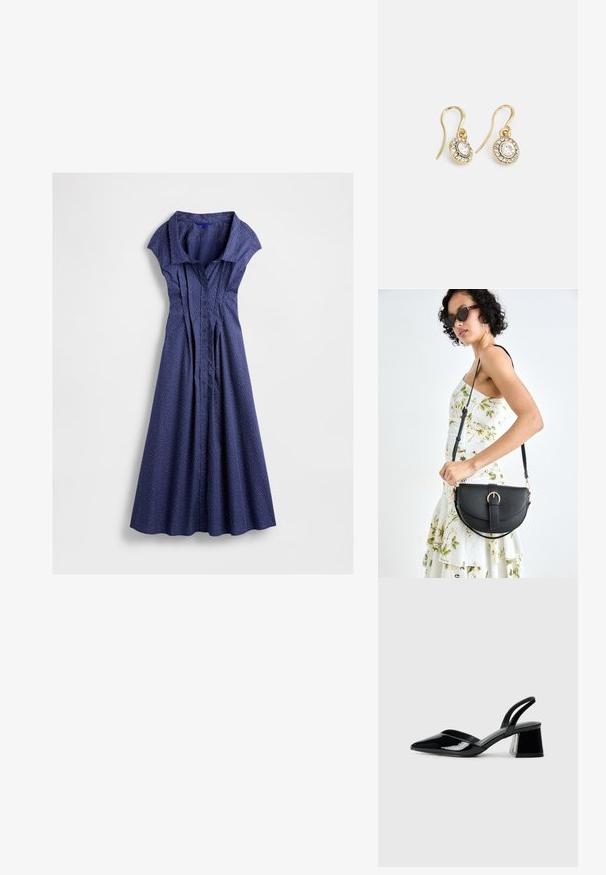 Robe bleu marine à boutons avec des manches courtes, dotée d'un design plissé et de pois blancs, jupe fluide et col.; Escarpins en cuir verni noir avec bout pointu et talon bloc géométrique. Présente un design élégant et minimaliste ainsi qu'une texture lisse.; Sac à main en cuir noir avec une forme courbée, bandoulière amovible et des accessoires en or. Le sac est doté d'un rabat avec un détail de boucle.; Boucles d'oreilles en ton or avec des cristaux transparents en forme d'ovale entourés de plus petits cristaux transparents, dotées d'un design à crochet pour un port sécurisé.