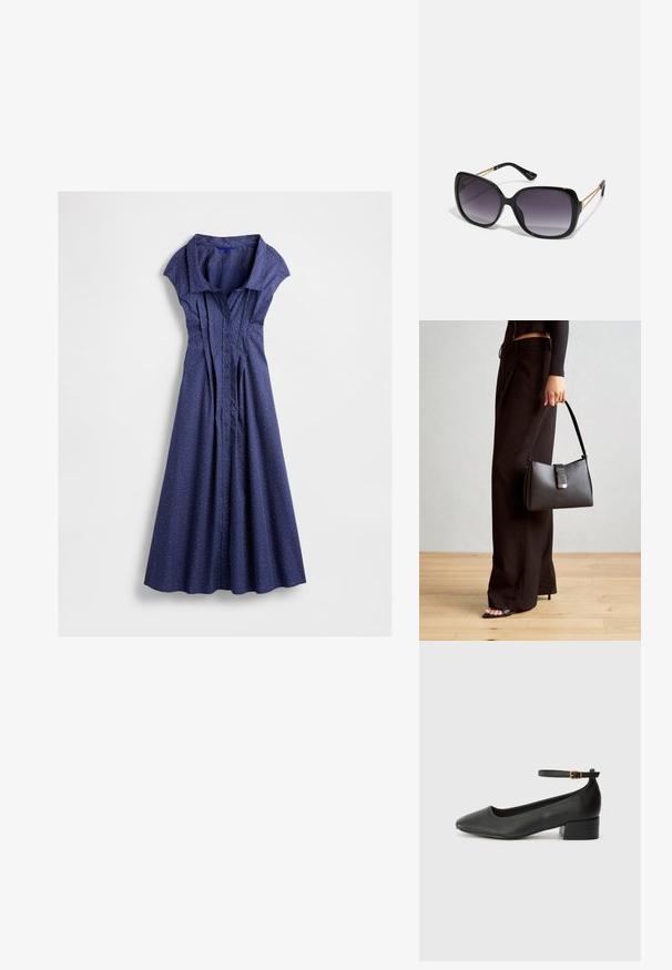 Tamno plava haljina sa dugmadi i kratkim rukavima, sa plisiranjem i bijelim točkicama, lepršavom suknjom i kragnom.; Crne kožne pumpe s oštrim vrhom i niskom blok petom. Sadrže remen oko gležnja s zlatnim kopčanjem. Glatka tekstura.; Crne prevelike sunčane naočale s gradijentnim lećama, debelim okvirom i zlatnim lancem kao detaljem na krakovima.; Crna torba s oblikom koji sadrži strukturu, glađu teksturu i metalnu kopču. Uparena s širokim crnim hlačama i sandalama na otvorenom s drvenog poda.