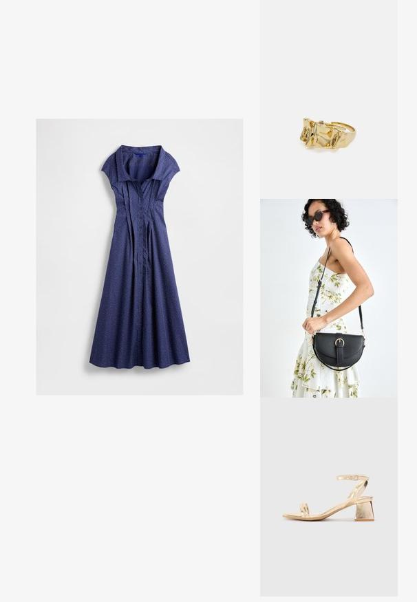 Marineblaues Hemdkleid mit kurzen Ärmeln, das über ein plissiertes Design und weiße Punkte verfügt, einen fließenden Rock und einen Kragen hat.; Goldene metallische Sandale mit Absatz in Blockform, zwei Riemen über dem Fuß und einem verstellbaren Knöchelriemen. Glatte Textur.; Schwarze Lederhandtasche mit geschwungener Form, abnehmbarem Tragegurt und goldenen Beschlägen. Die Tasche verfügt über einen Deckel mit einer Schnallen-Details.; Goldring mit strukturiertem, wellenförmigem Design, das drei markante Spitzen aufweist. Glatte, glänzende Oberfläche mit einem offenen Band für einen verstellbaren Sitz.