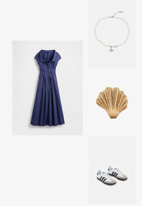 Marineblauwe knopen jurk met korte mouwen, voorzien van een geplooid ontwerp en witte stippen, met een vloeiende rok en een kraag.; Sportschoenen met een witte leren bovenkant, grijze suède neus en drie zwarte strepen. Bevat een blauw logo op de tong en een gestructureerde rubberen zool.; Goudkleurig schelpevormig decoratief stuk met een gematteerd oppervlak en een geribbelde design, voorzien van een vlakke basis voor stabiliteit.; Parelketting met glanzende witte parels, versierd met een zilverkleurige veiligheidsnaaldcharme bezet met heldere rhinestones. Met kreeftsluiting.