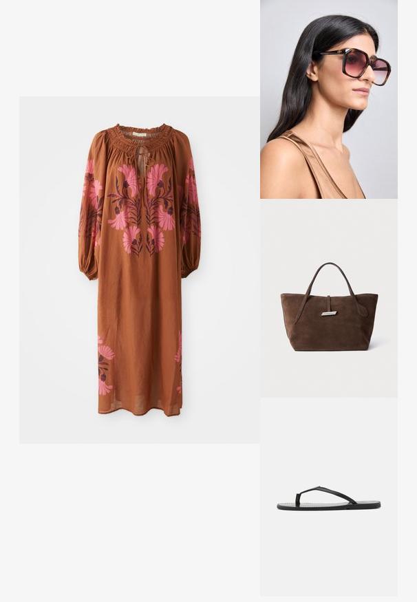 Brown, flowy dress with long sleeves. Features a gathered neckline with tie closure and pink floral embroidery on either side.; Black flip-flop with a minimalist design, featuring thin straps and a flat sole. The material appears plastic with a smooth texture.; Large, square sunglasses with a brown tortoiseshell frame and gradient pink lenses. Features a gold logo accent on the temple.; Brown suede tote bag with two soft handles, a vertical strap with a silver accent, and a wide, open top. Smooth texture, minimalist design.