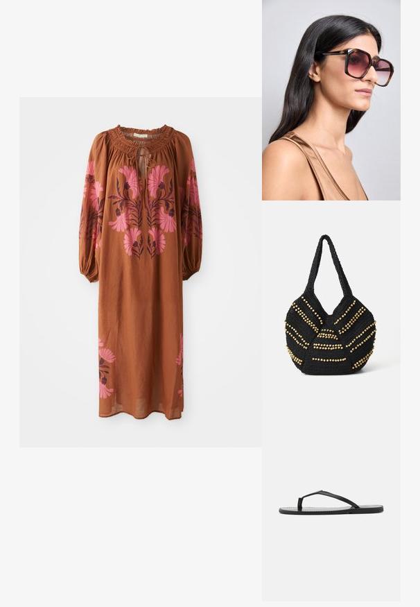 Bruine, vloeiende jurk met lange mouwen. Kenmerkt zich door een geplooide halslijn met striksluiting en roze bloemenborduursel aan beide zijden.; Zwarte teenslippers met een minimalistisch ontwerp, voorzien van dunne banden en een platte zool. Het materiaal lijkt op plastic met een gladde textuur.; Grote, vierkante zonnebril met een bruine schildpadprint montuur en gradiënt roze lenzen. Heeft een gouden logoaccent op de tempel.; Vanessa Bruno PANIER - Schoudertas - noir