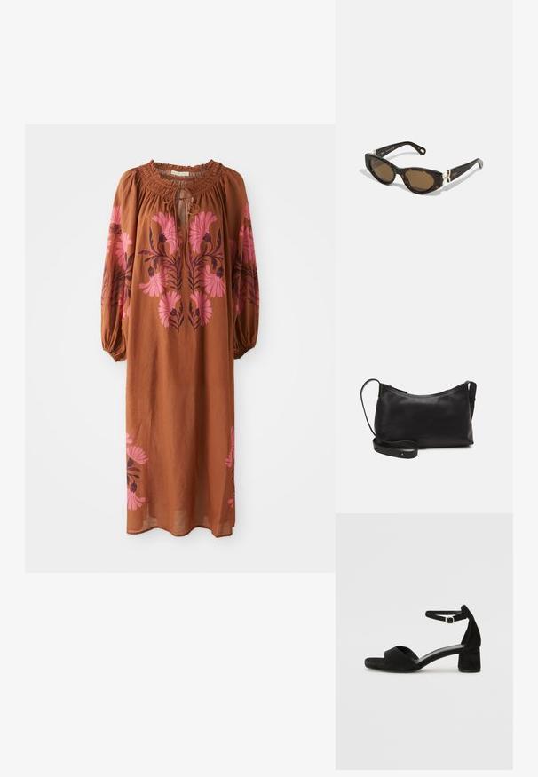Rjava, lepršava obleka z dolgimi rokavi. Ima zbrano ovratnico s trakom za zapiranje in rožnato cvetlično vezenje na obeh straneh.; Črne zamshe sandale na peto z tankim trakom okoli gležnja, odprto konico in zmerno blok peto. Gladka tekstura in minimalni detajli.; CHLOÉ Sončna očala - havana-brown; Črna usnjena torba čez ramo z gladko teksturo, ukrivljeno obliko, nastavljivim trakom in zadrgo. Minimalističen dizajn brez okrasnih detajlov.