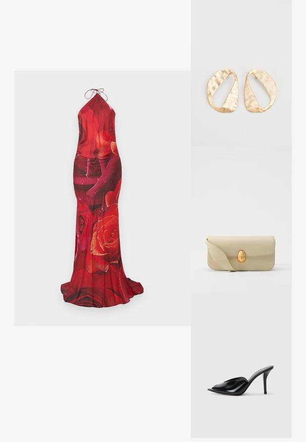 Piros nyakpántos ruha rózsás mintával, sima anyaggal, illeszkedő siluettel és könnyed szoknyával. A nyaknál megkötős, fényes textúrával.; Fekete bőr, nyitott orrú, hegyes kialakítású, sima textúrájú, és karcsú tűsarokkal rendelkező magassarkú mules.; Beige bőrtáska sima textúrával, téglalap alakban, arany ovális zárral. Hosszú, állítható pánttal rendelkezik.; Egy pár szabálytalan, ovális formájú, aranyszínű fém fülbevaló, enyhén kalapált felülettel, fehér háttéren.