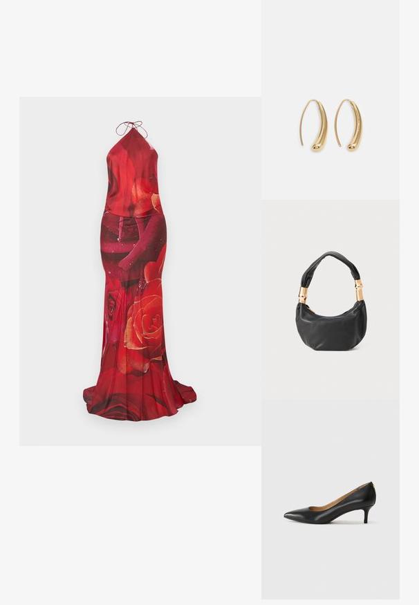 Sarkans halterkleita ar rozēm, gluds audums, pieguļošs siluets un plūstoša svārku daļa. Sasienama pie kakla, ar spīdīgu tekstūru.; Melnas ādas augstpapēžu kurpes ar pīlādžu purngalu, zemu papēdi un gludu virsmu. Raksturīga neliela atvere priekšā un minimāls aprīkojums aizmugurē.; Melnas ādas rokassoma ar apaļu formu, mīkstu tekstūru un mezgla rokturi, kas rotāts ar zelta tonētiem aksesuāriem. Ar rāvējslēdzēja aizdari.; Zelta toņu metāla gredzena auskari ar izliektu, pagarinātu formu. Ar gludu, spīdīgu virsma un noapaļotu galu papildu detaļām.