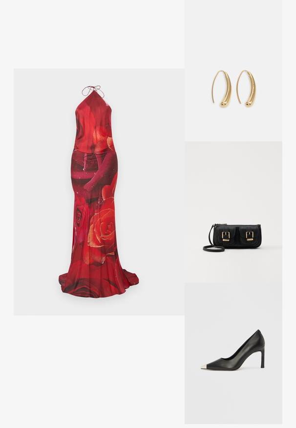 Punane halterkleit, millel on roosimuster, sile kangas, keha lähedane siluett ja voolav seelik. Sidumise koht kaelal, läikiv tekstuur.; Mustast nahast kõrge kontsaga king terava varba ja metallik hõbedase otsikuga. Iseloomustab sile viimistlus ja sihvakas 10 cm konts.; Must küllastamata nahast õlakott, millel on kaks esist nähtavat taskut, kuldsed pandlad, tõmblukuga sulgemine ja peen rihm. Tekstuuriga pind ja kompaktne ristkülikukujuline kuju.; Kuldtoonilised metallist rõngas kõrvarõngad, millel on kõver ja piklik kuju. Omavad siledat, läikivat pinda ja ümarat tipptugevdust, mis lisab detaili.