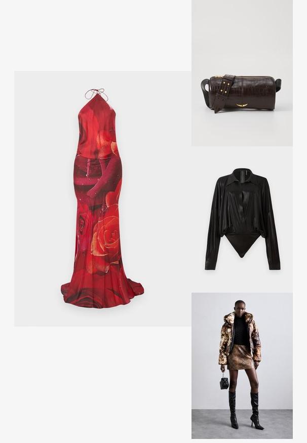 Piros nyakpántos ruha rózsás mintával, sima anyaggal, illeszkedő siluettel és könnyed szoknyával. A nyaknál megkötős, fényes textúrával.; Fekete egyrészes ruházat hosszú ujjakkal, V-kivágással és testhez simuló fazonnal. Fényes, sima anyagból készült, strukturált gallérral és mandzsettákkal.; Barna és fekete mintás puffjú dzseki, barna kígyóbőr mintás mini szoknyával, fekete térdig érő csizmával és egy kicsi fekete táskával párosítva.; Barna krokodilbőr hatású bőr táska henger alakú, arany tónusú fémveretekkel és lecsatolható, szegecsekkel díszített pánttal.