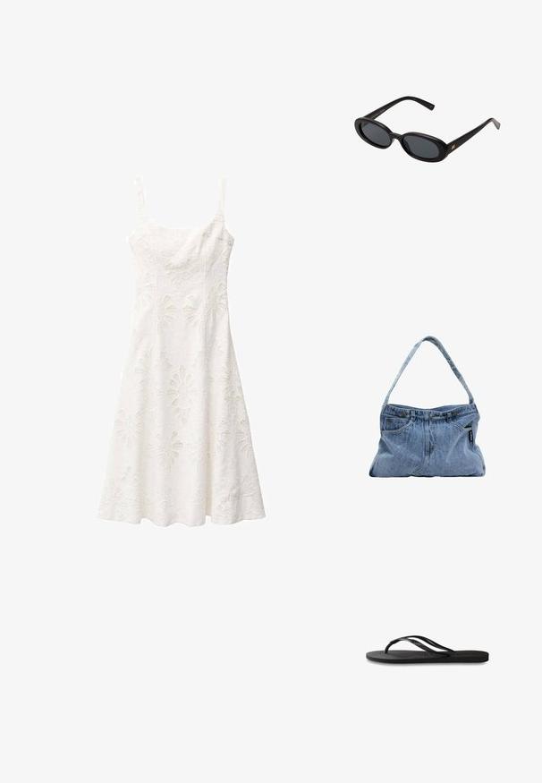 Mango GEMMA - Dnevna haljina - off-white; Crne japanke s teksturiranom gumenenom potplatom, dva uska remena i suptilnim, urezanim logom na remenu.; Crne velike sunčane naočale s ovalnim staklima, glatkim plastičnim okvirom i zlatnim detaljima na sljepočnicama. Tamna stakla pružaju zaštitu od sunca.; Denimska torba preko ramena s zakrivljenim remenom, dva prednja džepa i gornjim djelom na dugme, s svijetlopPlavom tkaninom i kontrastnim detaljima šivanja.
