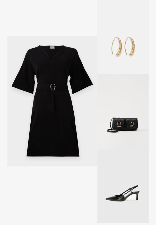 Černé šaty z měkké látky, s výstřihem do V, zvonovými rukávy, stáhnutým pasem se zakulacenou sponou a délkou po kolena.; Černé lakované slingback podpatky s špičatou špičkou, zdobené texturovaným hadím vzorem, nastavovacím páskem a krátkým texturovaným blokovým podpatkem.; Černá kožená crossbody taška se dvěma předními kapsami, zlatými přezkami, zipovým uzávěrem a štíhlým popruhem. Texturovaný povrch a kompaktní obdélníkový tvar.; Náušnice ve tvaru kruhu z pozlaceného kovu s vroubkovaným, prodlouženým tvarem. Mají hladký, lesklý povrch a zaoblený konec pro zvýraznění detailu.