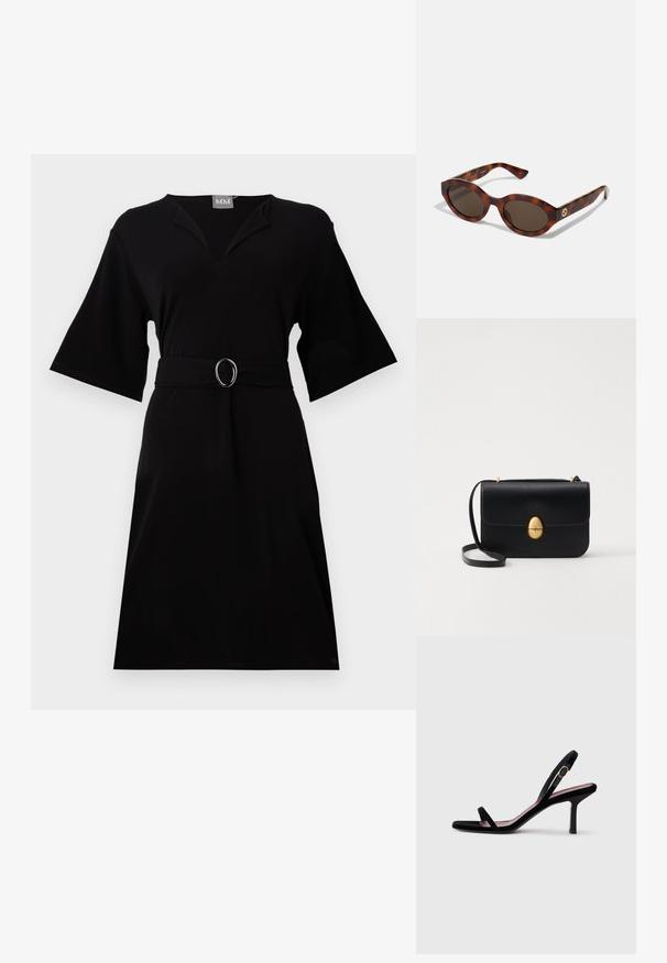 Rochie neagră dintr-un material moale, cu decolteu în V, mâneci cloche, talie strânsă cu o cataramă circulară și un tiv până la genunchi.; Sandală pentru femei cu toc înalt, din suede negru, cu bretele subțiri și un cataramă aurie, pe un fundal alb, văzută din lateral.; Ochelari de soare din tortoiseshell cu rame rotunde, lentile întunecate și detalii cu logo auriu pe brațe. Material plastic neted, fără modele vizibile.; Geantă de mână din piele neagră, cu o formă rectangulară structurată. Are un capac oval auriu și o curea subțire pentru umăr. Textură netedă.